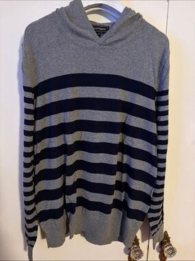 Express Men’s Gray and Navy Striped Crewneck Sweater